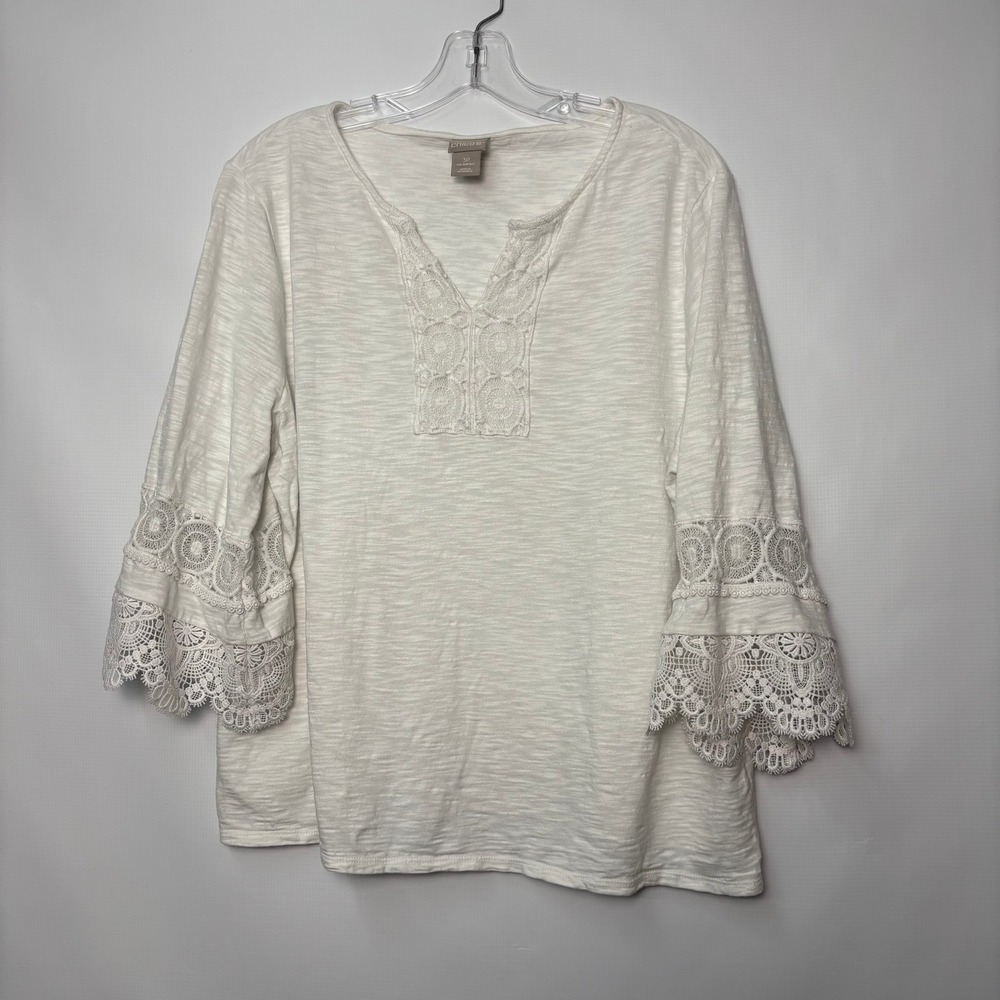 Chico's White Slub Knit Crochet Lace Trim Bell Sleeve Tunic Top 3P XL Petite
